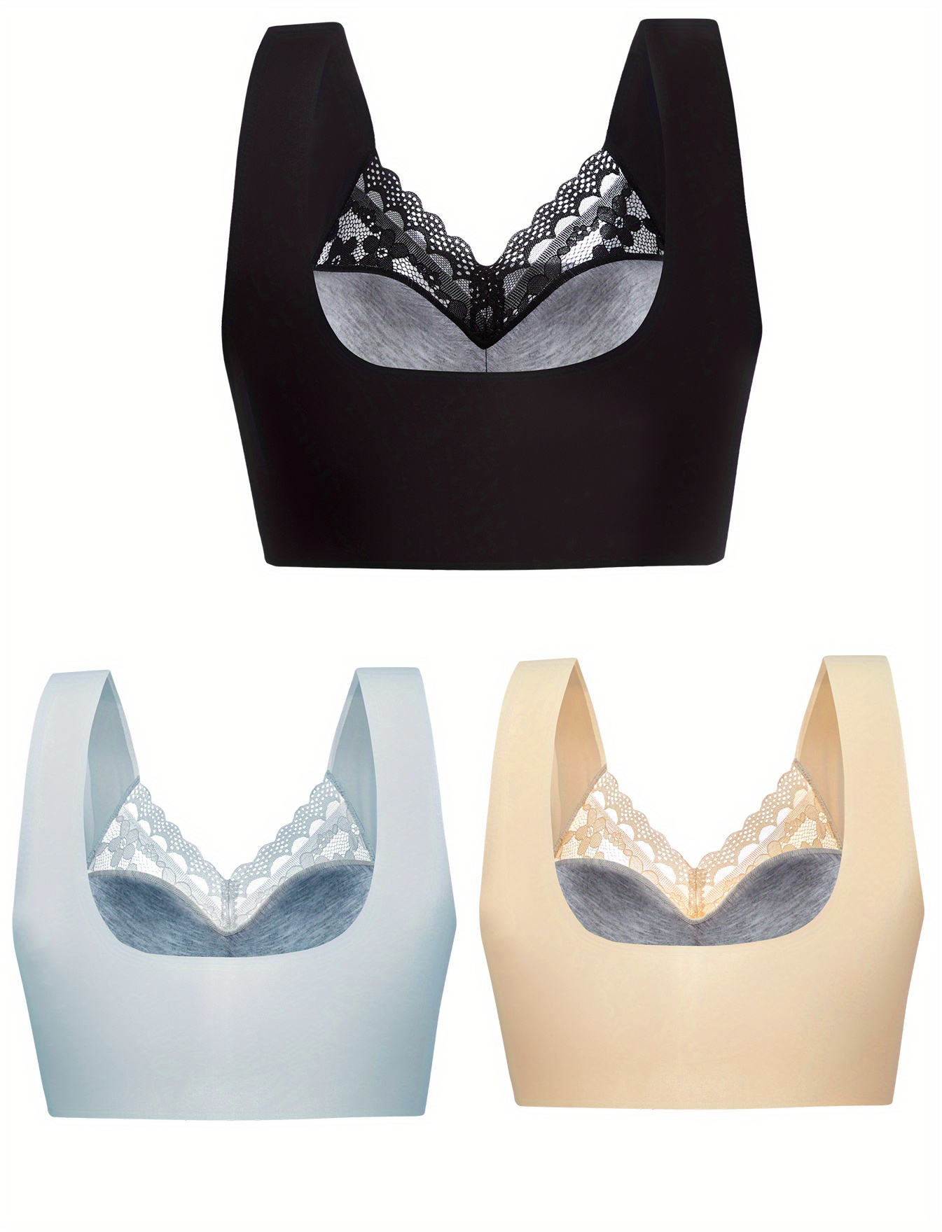 3pcs Contrast Lace Wireless Bras, Comfy & Breathable Full Coverage Bra,  Women's Lingerie & Underwear