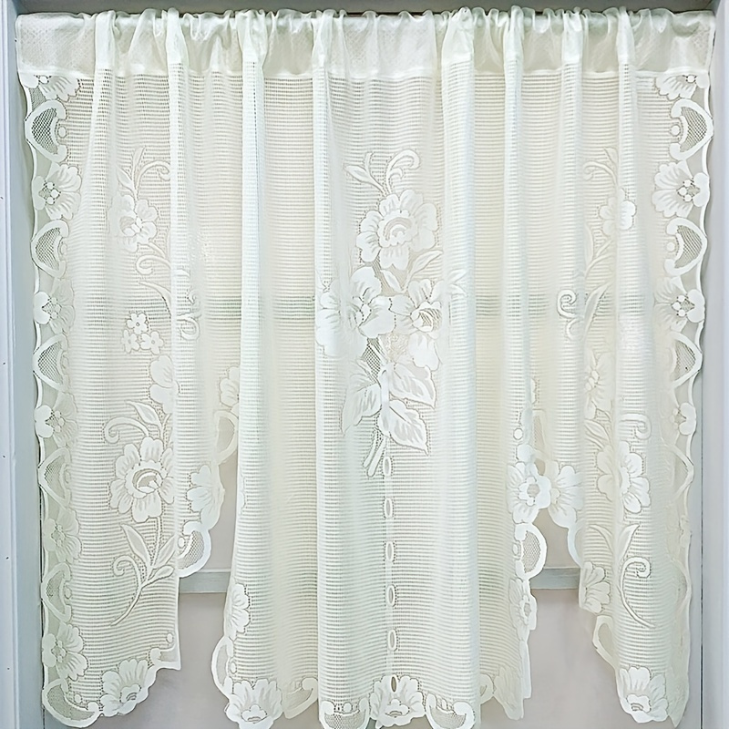 1pc beige white lace flower pattern short curtain rod pocket window treatment for cafe office   room study home decor details 1