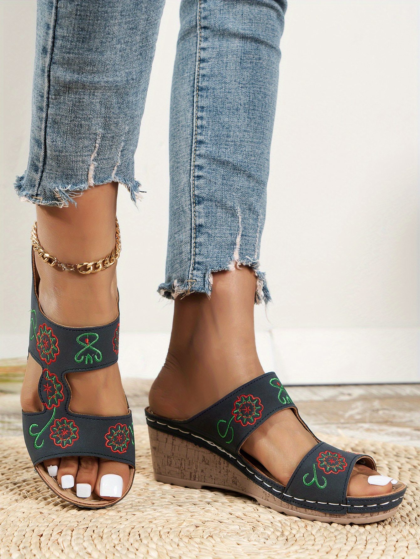 Women's Retro Wedge Sandals Floral Embroidered Open Toe Slip - Temu