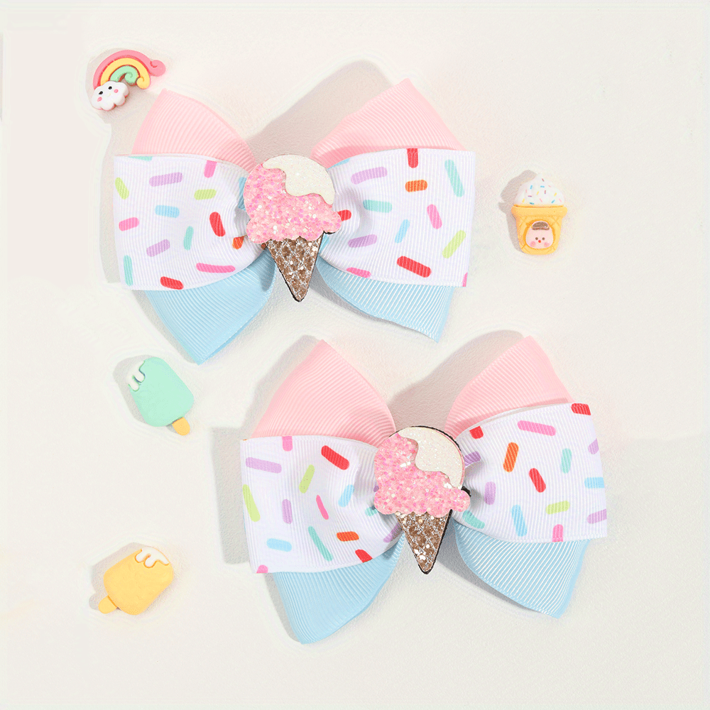 Image of 2pcs Girls' Glitter Ice Cream Hair Bow Clips Cute Doughnut Bow Hair Pins Grosgrain Ribbon Hair Barrettes Additions For Girls