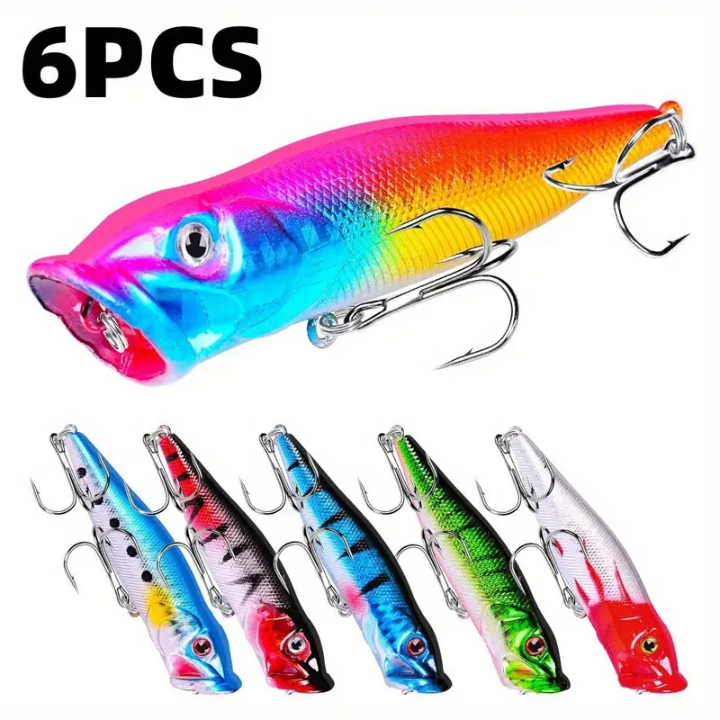 6pcs Premium Top Water Popper Fishing Lure - Realistic Crankbait Wobbler  for Bass, Carp, and More - Durable Plastic Hard Bait - 9.3cm/3.66in, 12.5g 