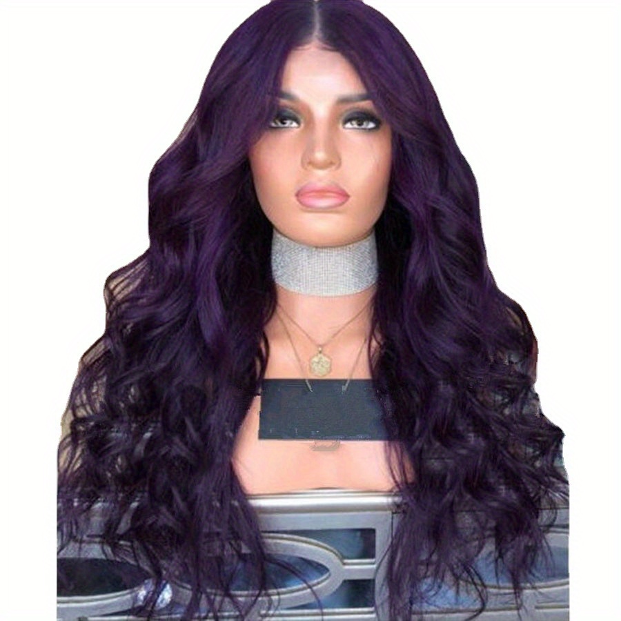 Dark Purple Long Wavy Hair Wigs Synthetic Fiber Middle Part Temu