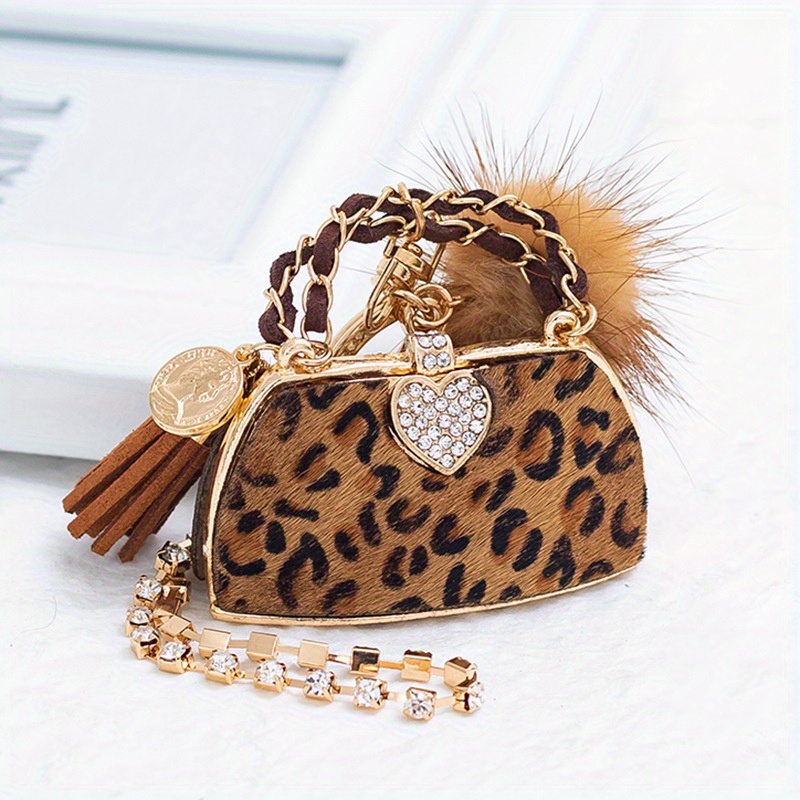 Mini Leopard Bag & Pom Pom Bracelet Keychain Cute Rhinestone Key Ring Purse  Bag Backpack Car Charm Earphone Accessory - Temu