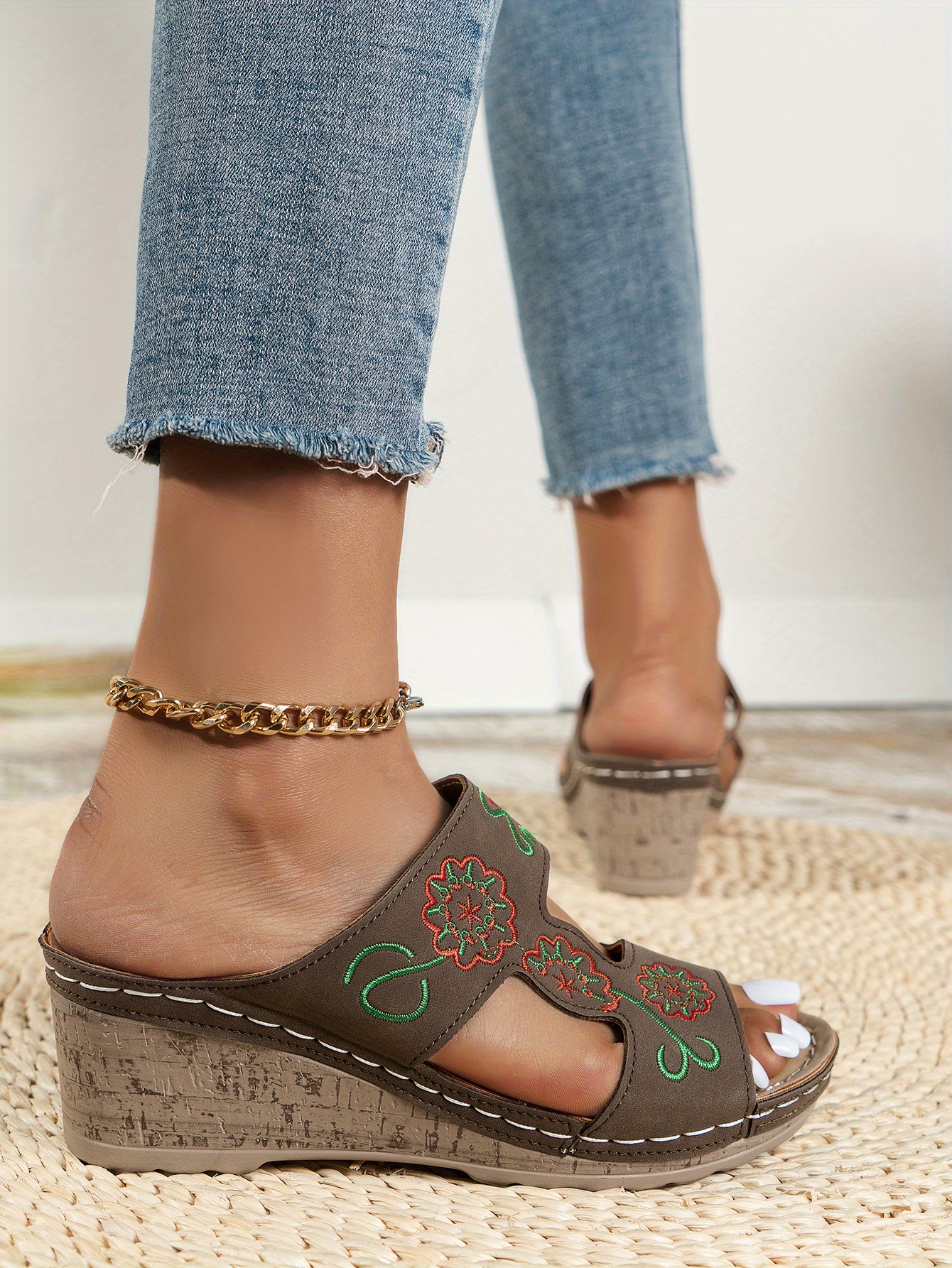 Women's Retro Wedge Sandals Floral Embroidered Open Toe Slip - Temu