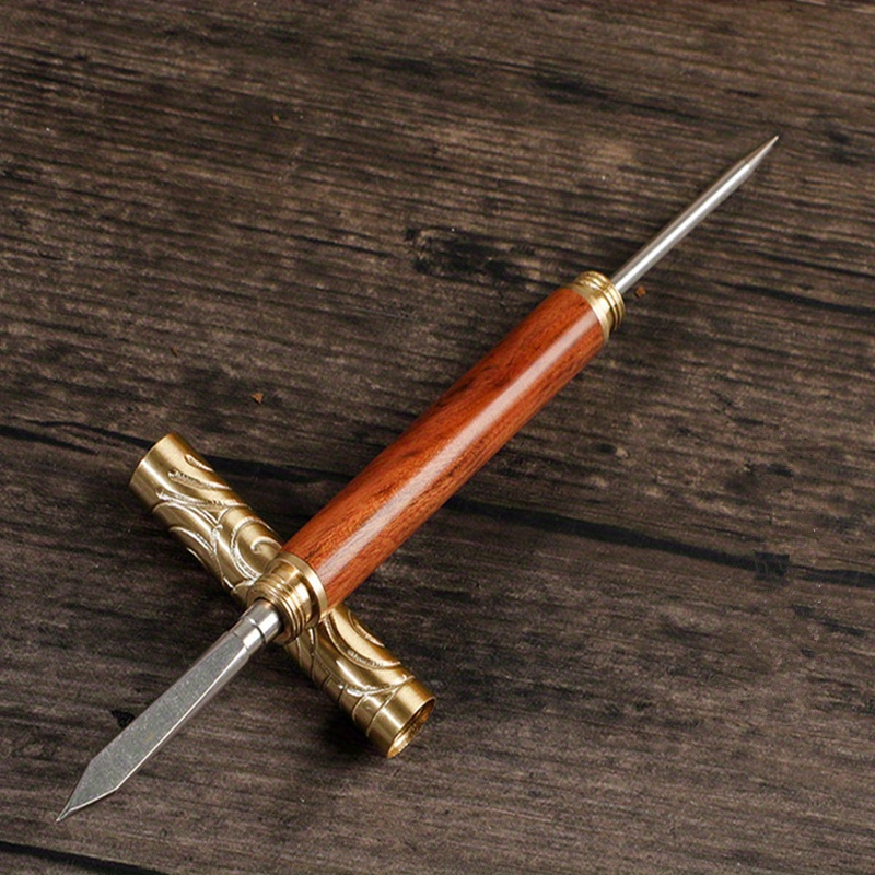 1pc black sandalwood rosewood double headed   golden hoop   knife warping tea knife sandalwood tea knife tea needle details 6