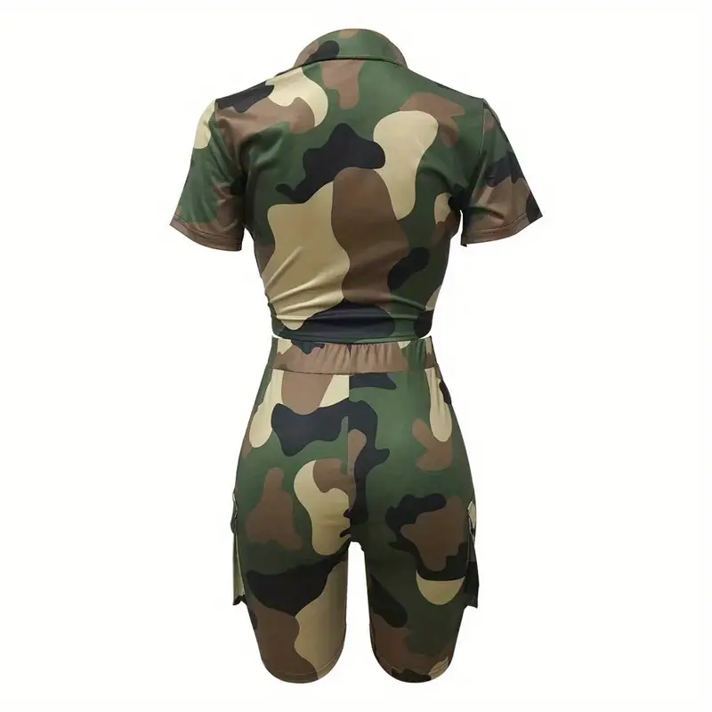 camo two piece set twist short sleeve tops slim shorts with pockets outfits womens clothing details 1