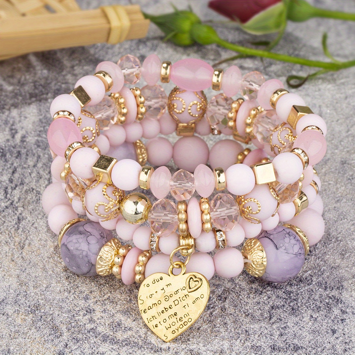 Heart Charm Beads Layered Bracelet Set Pompomia Bracelet - Temu