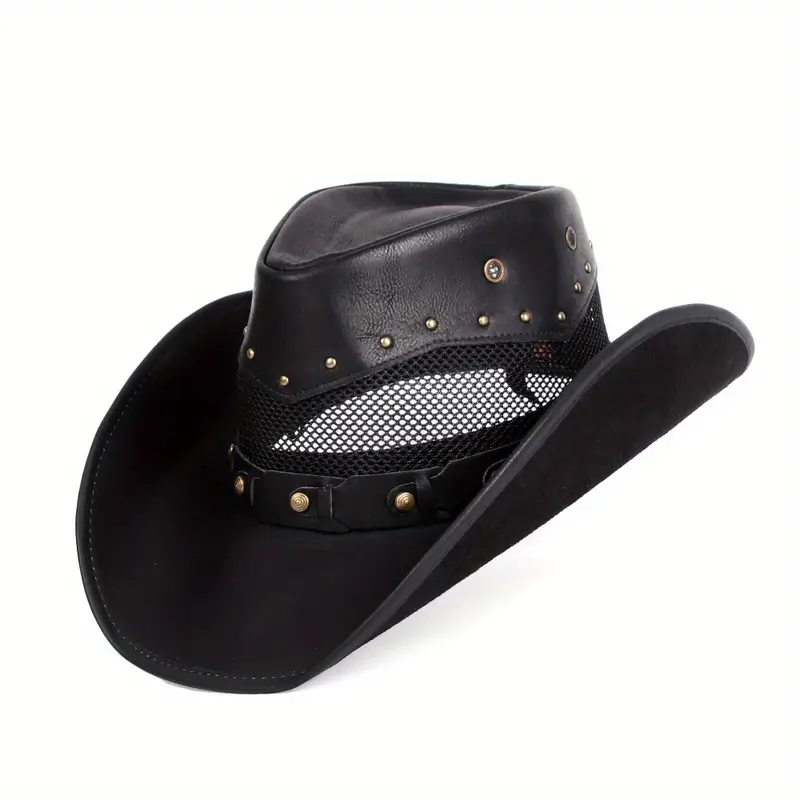 Black Vacation Pu Leather Hat, Men's Unisex Western Fedora Caps Size Cowboy Hat, Cowgirl Hat For Women