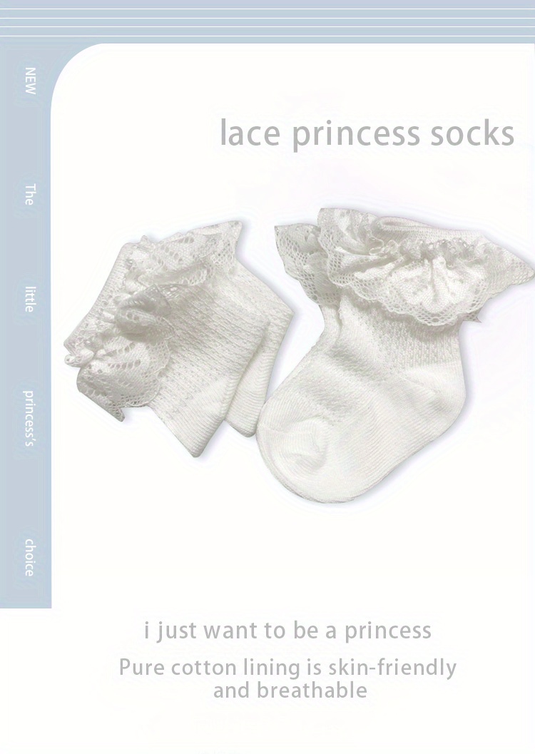 3pairs Baby Girls Lace Trim Socks, Breathable Comfortable Princess Socks For Infant Newborn Toddlers
