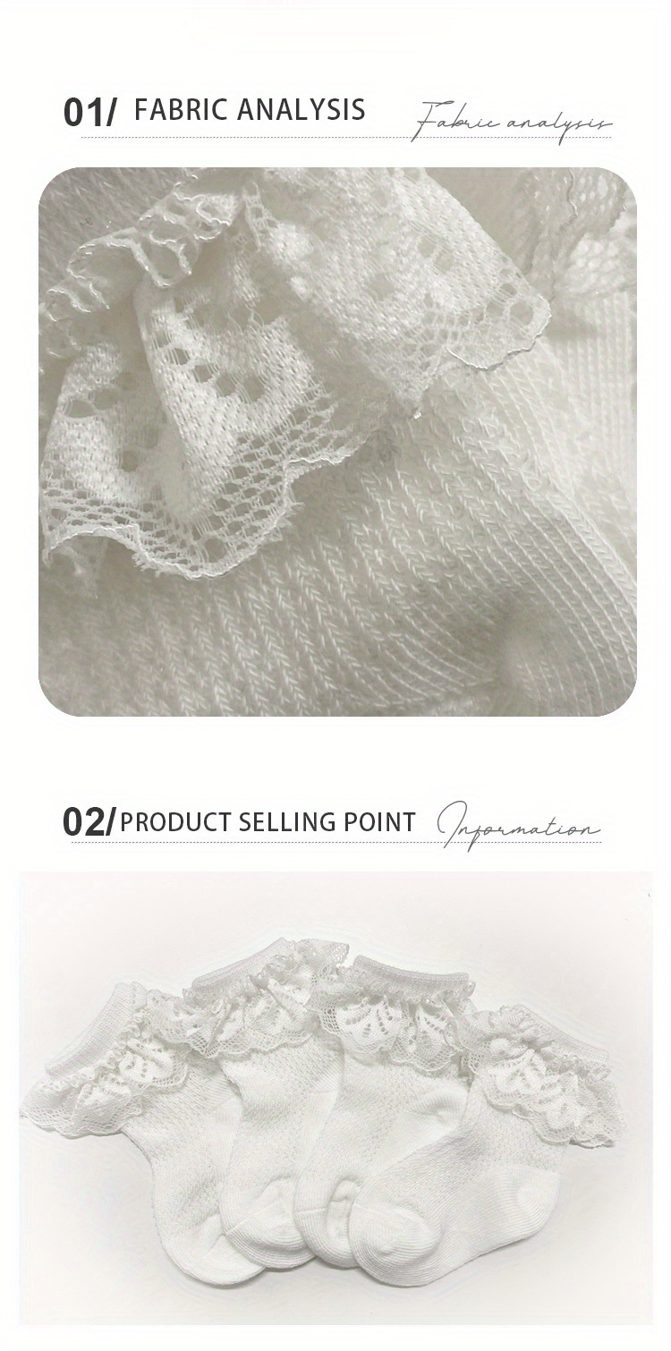 3pairs Baby Girls Lace Trim Socks, Breathable Comfortable Princess Socks For Infant Newborn Toddlers