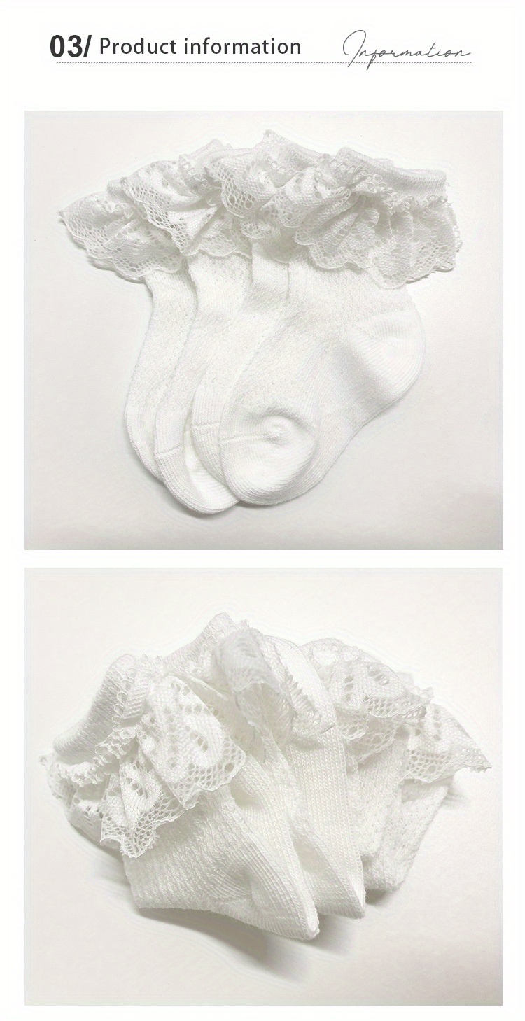 3pairs Baby Girls Lace Trim Socks, Breathable Comfortable Princess Socks For Infant Newborn Toddlers