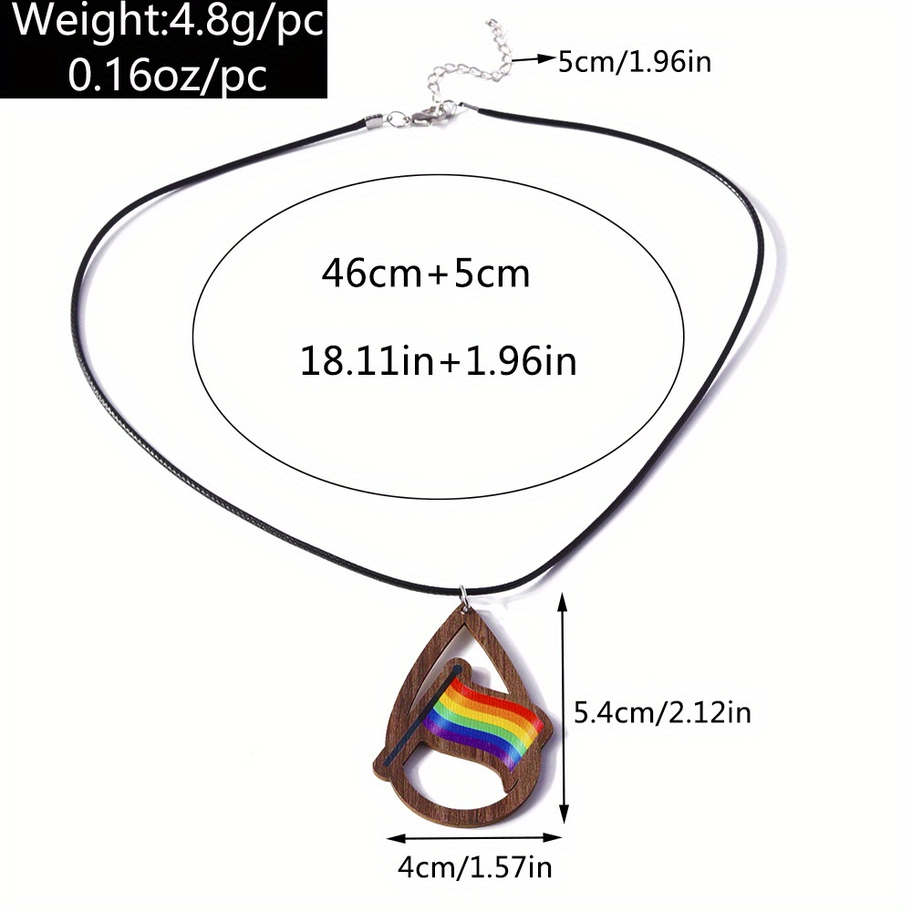 wooden rainbow color water drop shape pendant necklace pride month holiday ornament details 3