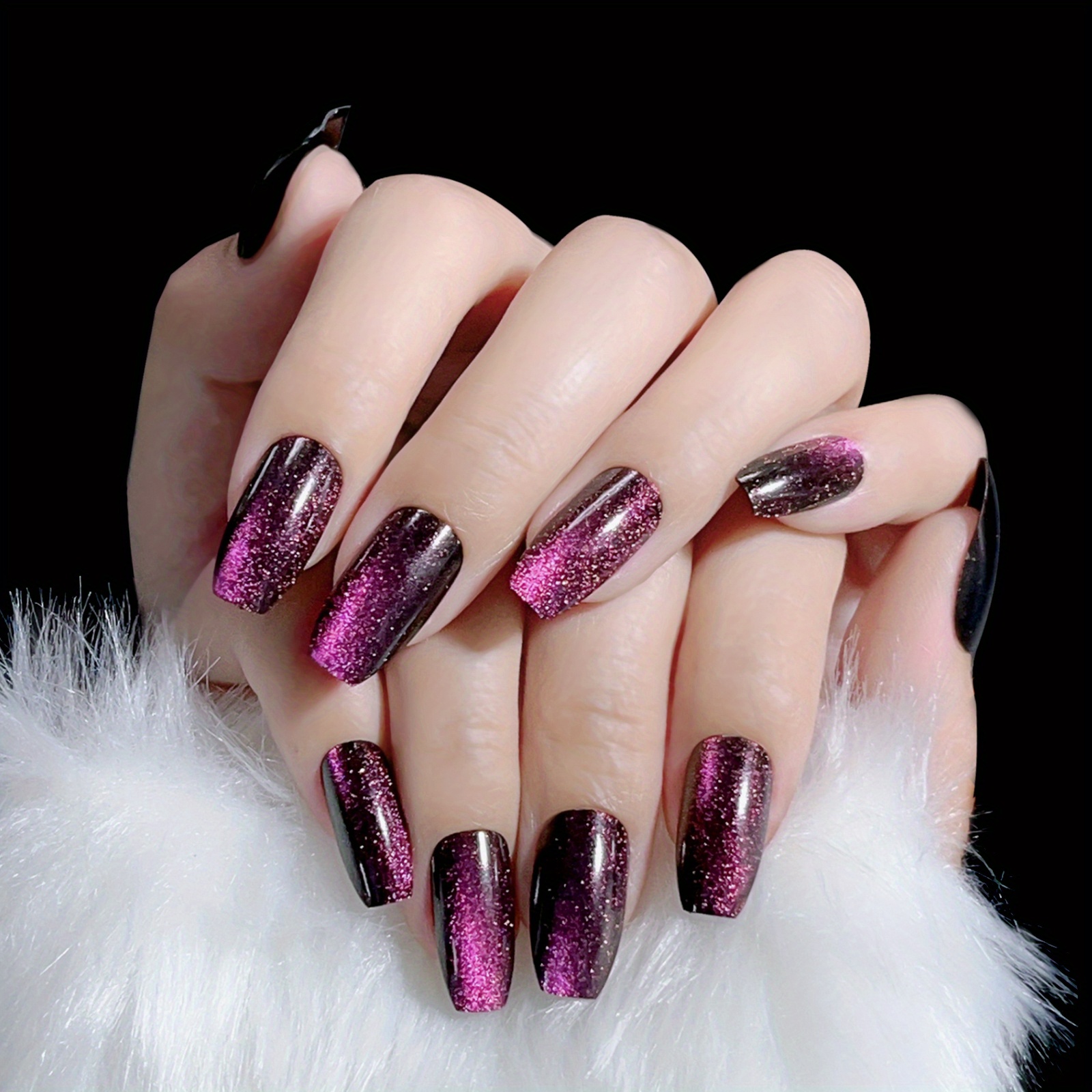 Handmade Reflective Glitter Cat Eye Press On Nails, Medium Coffin Full  Cover Purple * Nails For Women And Girls