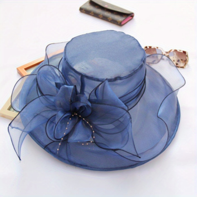 Flower Decor Organza Derby Hat Wide Brim Breathable Sun Hat, Bucket Hats Elegant Church Hat Wedding Bridal Bucket Hat Beach Hats for Women,Temu