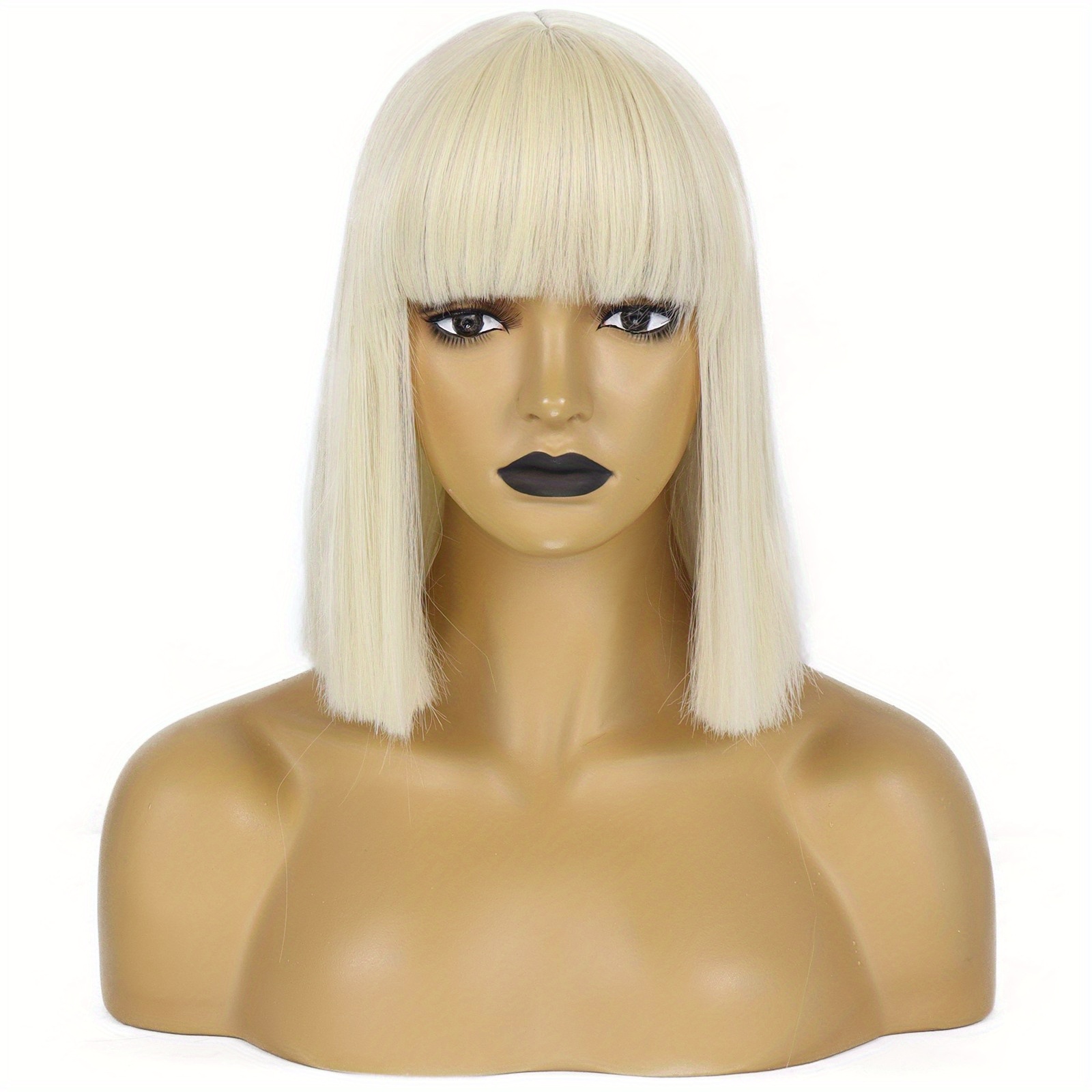 Shoulder Length Straight Bob Wigs with Bangs + Wig Cap