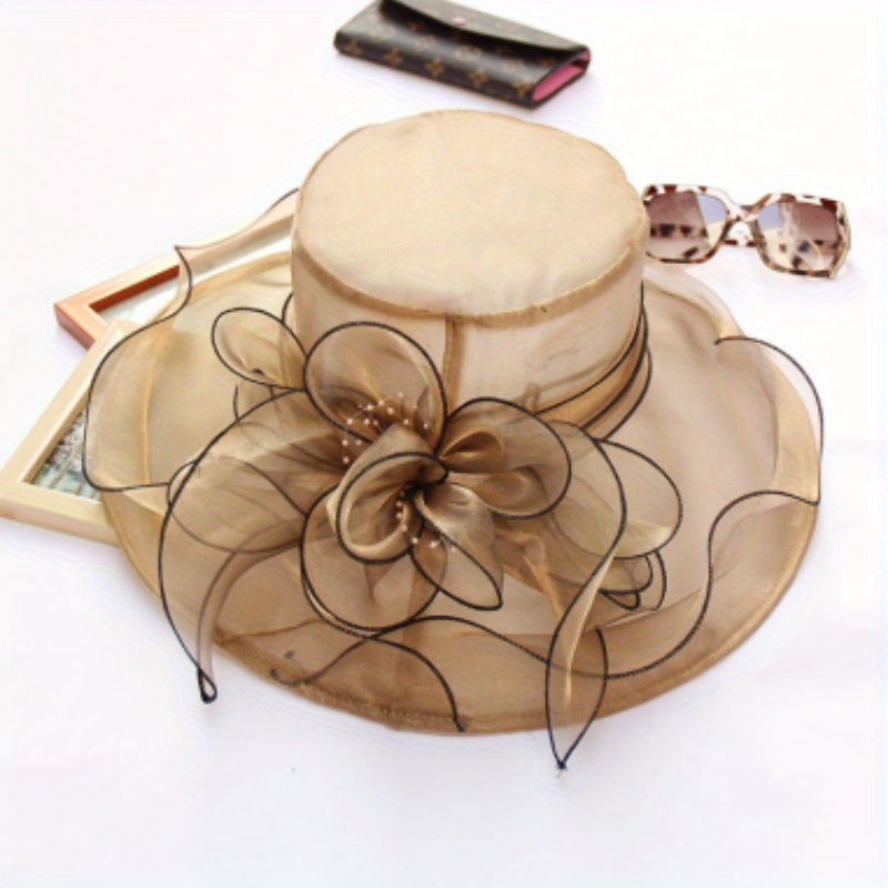 Temu Flower Decor Organza Derby Hat Wide Brim Breathable Sun Hat, Bucket Hats Elegant Church Hat Wedding Bridal Bucket Hat, Fashionable Mesh Fascinator