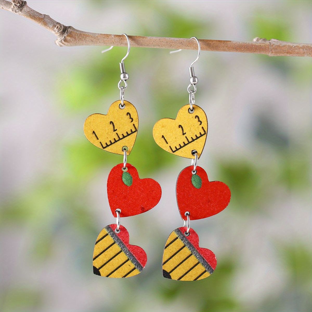 Handmade Wooden cupid double hearts Valentines EARRINGS 2 DANGLE