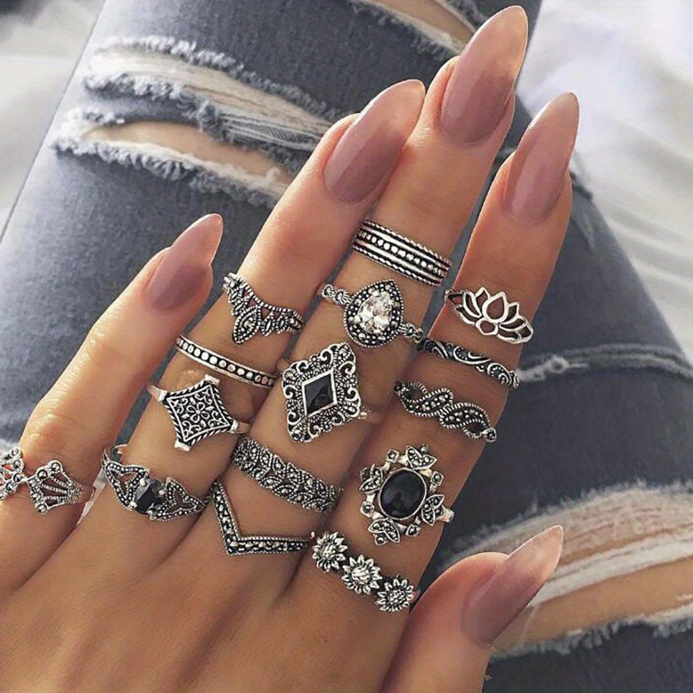 24pc Antique Silvery Vintage Stackable Ring Set, Punk Style