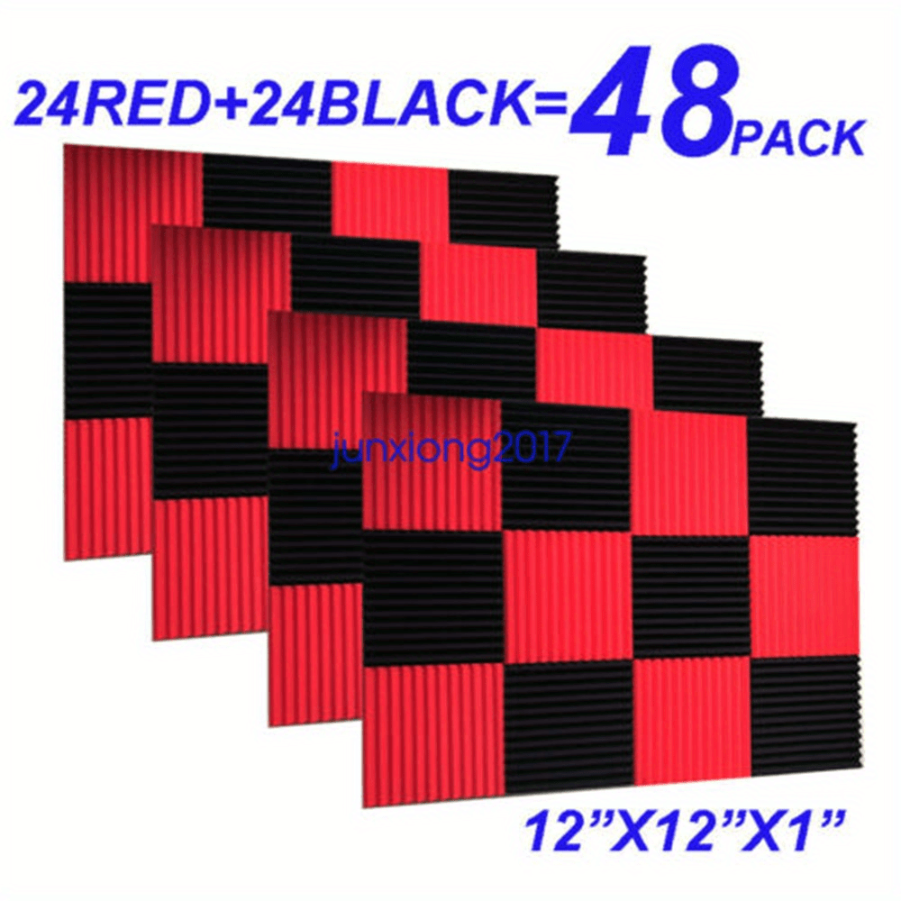 48 - Pack BLACK Acoustic Foam Panel Wedge Studio Soundproofing Wall Tiles  12 X 12 X 1