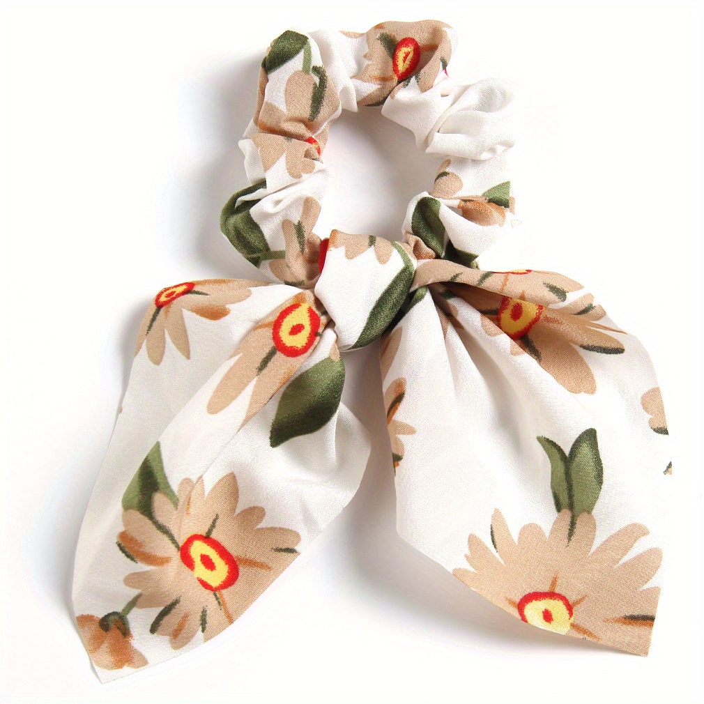 Daisy Print Bow Scrunchie Flower Charm Hair Tie Ponytail Holder