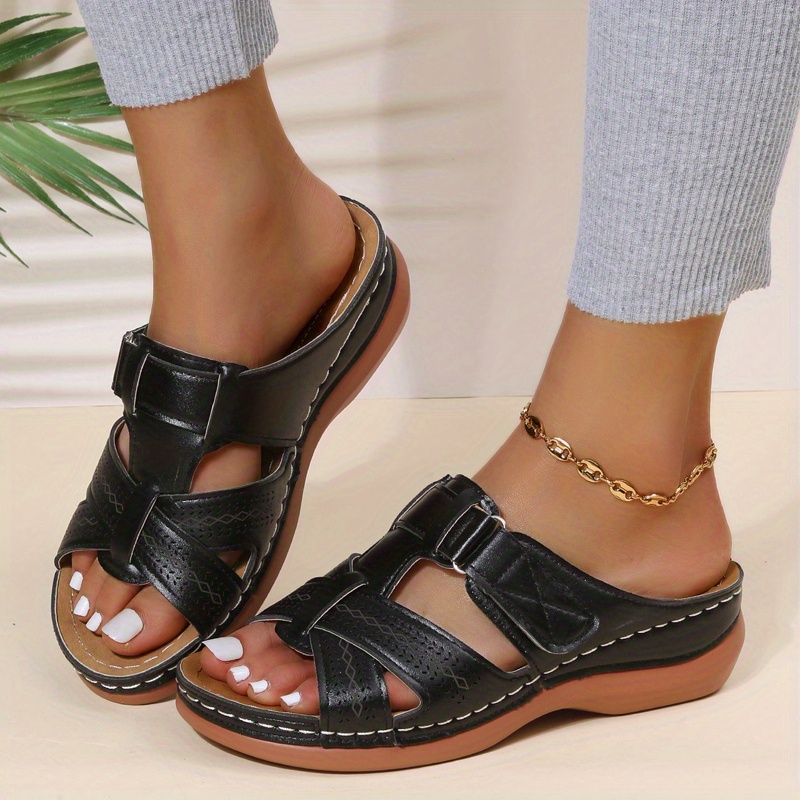 Image of Women's Cross Strap Wedge Heeled Slippers, Arch Support Open Toe Slides Shoes, Casual Outdoor Slippers