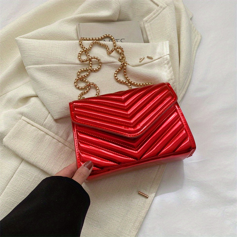 Chevron Quilted Crossbody Bag, Metallic Chain Shoulder Bag