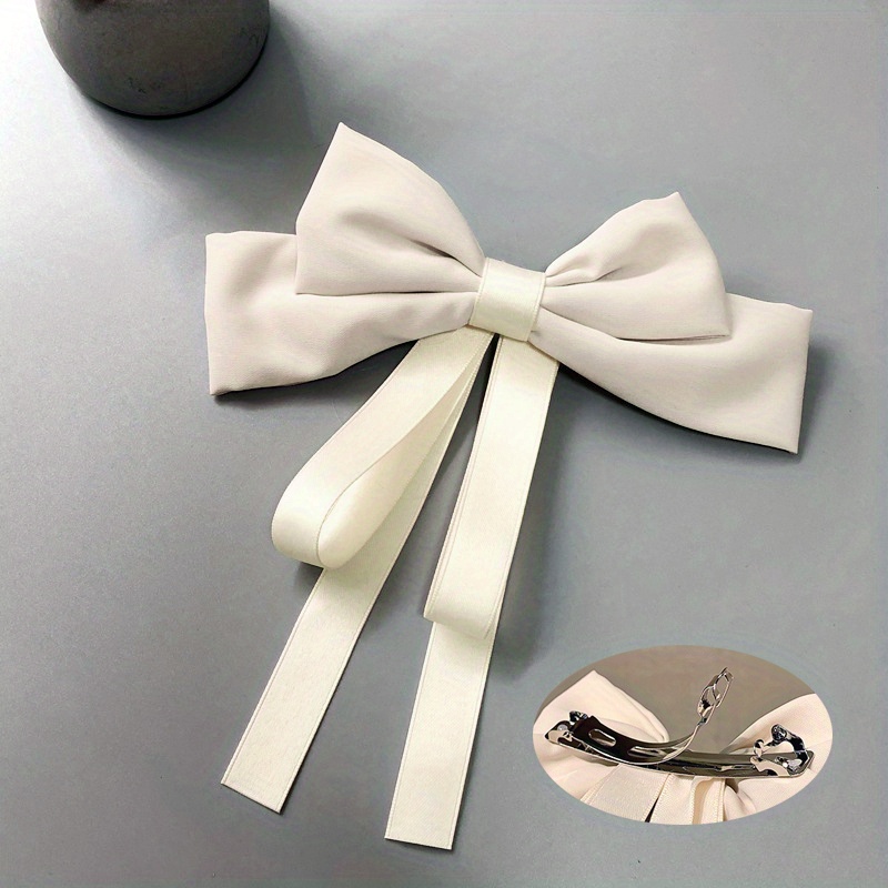 Satin Hair Bows Ties for Girls Women Silk-Stylish French Bow Hair Clip  Bowknot Hair Barrettes Big Ribbon Bow with Long Tail Pack Of 1 White