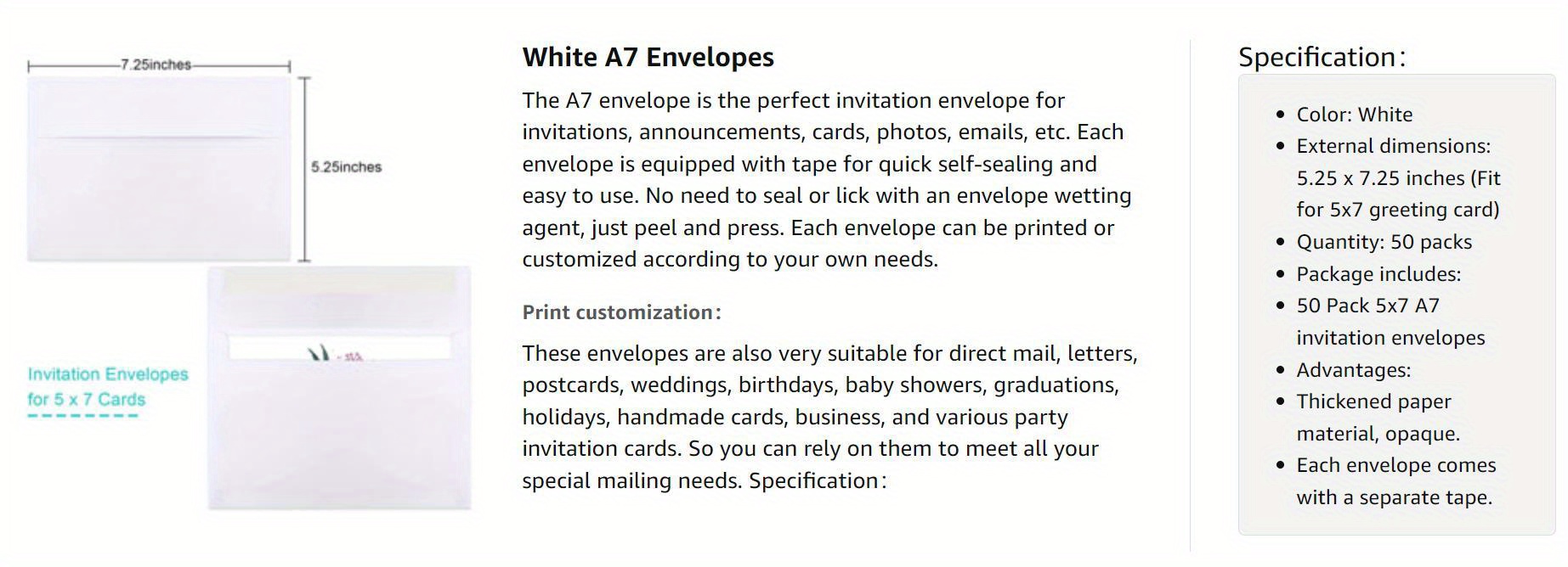 250 A7 Printable White Envelopes 5X7-250 Pack Quick Self Seal,for 5x7 s,  Perfect for Chirstmas s, 