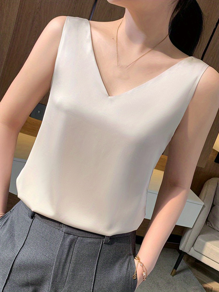 Velvet Boat Women?s Sleeveless V-Neck Tank Top - Soft Satin Finish, Loose Fit for Summer Layering, Lightweight & Breathable Polyester Blend, Elegant Solid Color Design, Breathable Clothing | Sleeveless Fashion | Satin Finish Top