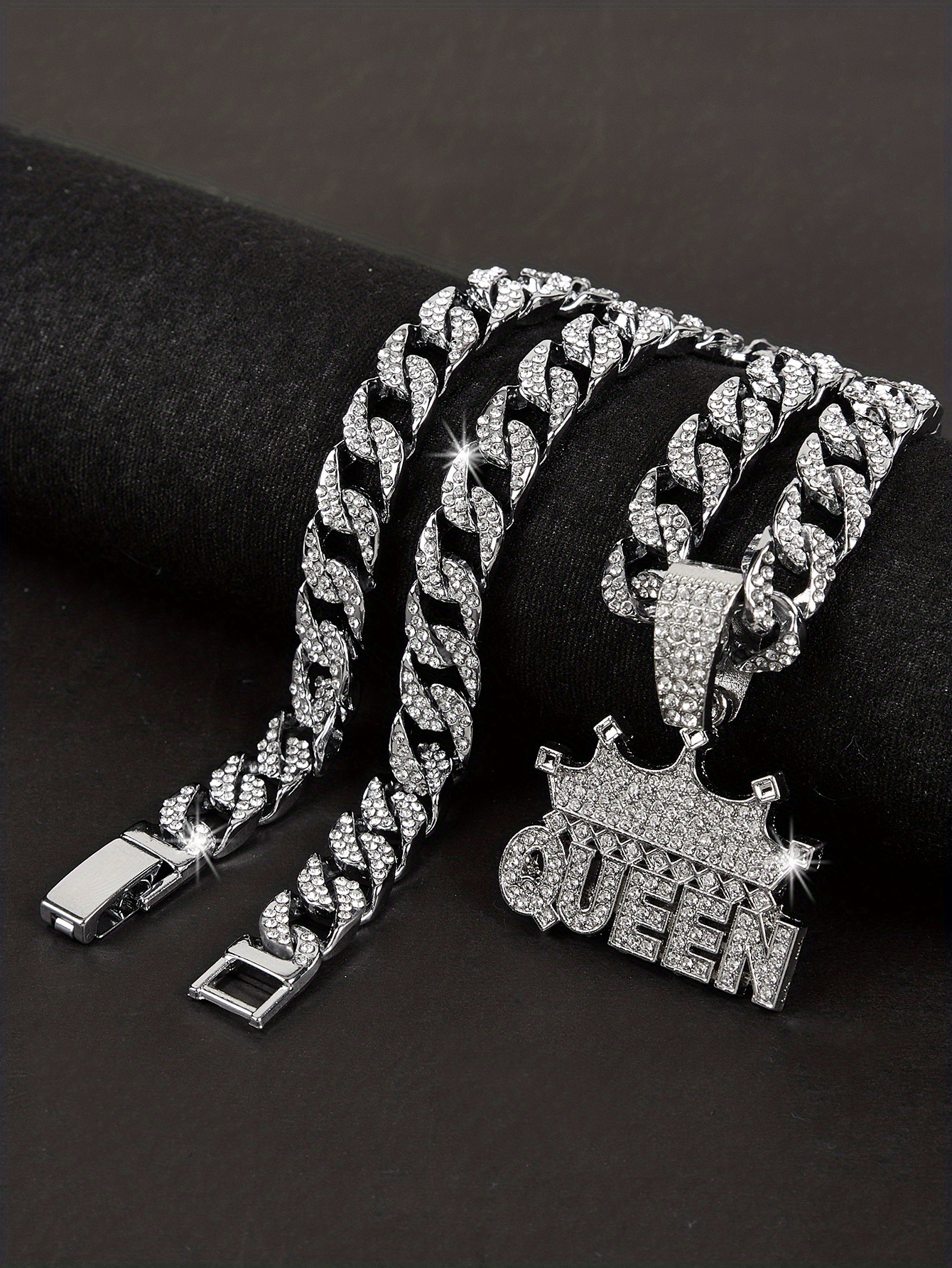 hip hop style cuban link chain crown queen pendant necklace rhinestones neck jewelry for women details 1