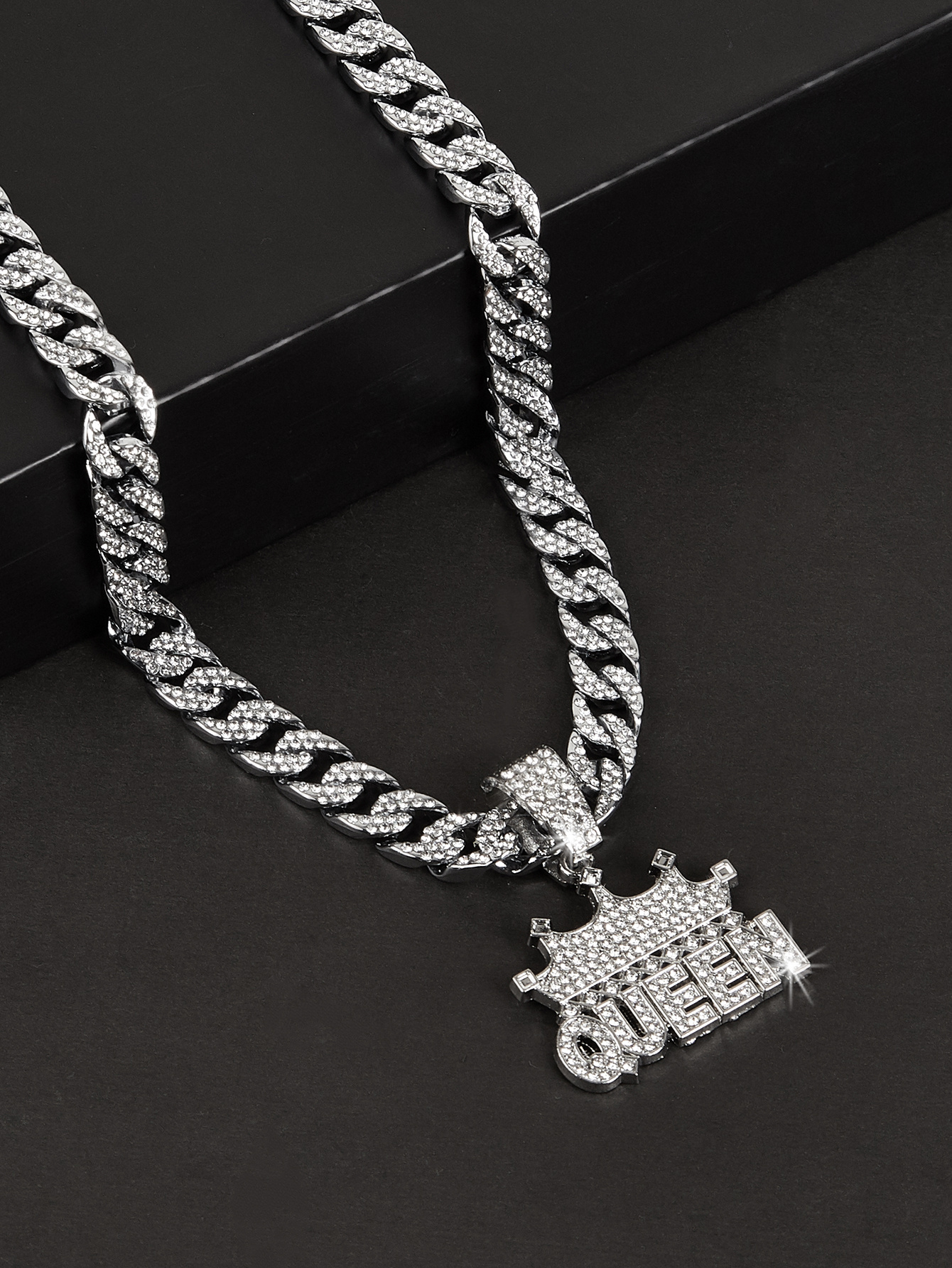 hip hop style cuban link chain crown queen pendant necklace rhinestones neck jewelry for women details 3