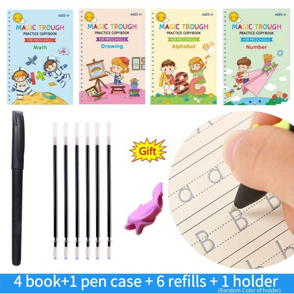 4 Books+ 1 Pen+6 Refills+1 Pen Grip Set Magic Groovd Copybook For Kids, Handwriting Practice Book English Cursive Calligraphy Reusable  7.48*5.12inch