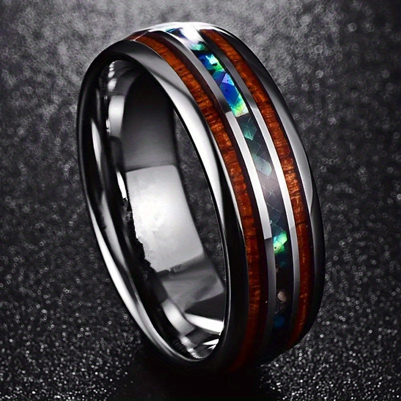 1pc 8mm Inlaid Wood Grain Abalone Pattern Stainless Steel Ring Fashion Men's Ring US Size 7-13,Temu