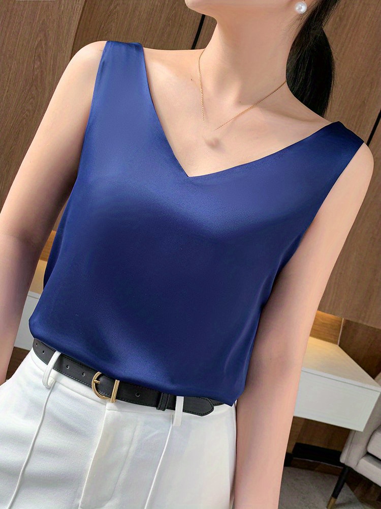 Velvet Boat Women?s Sleeveless V-Neck Tank Top - Soft Satin Finish, Loose Fit for Summer Layering, Lightweight & Breathable Polyester Blend, Elegant Solid Color Design, Breathable Clothing | Sleeveless Fashion | Satin Finish Top