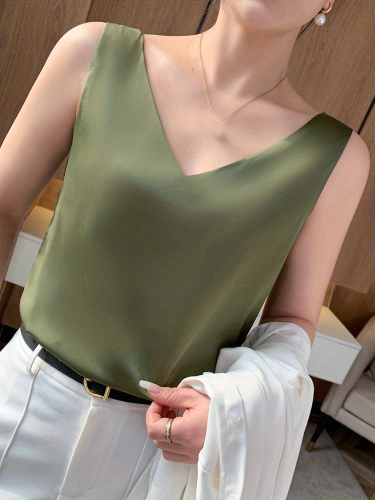 Velvet Boat Women?s Sleeveless V-Neck Tank Top - Soft Satin Finish, Loose Fit for Summer Layering, Lightweight & Breathable Polyester Blend, Elegant Solid Color Design, Breathable Clothing | Sleeveless Fashion | Satin Finish Top