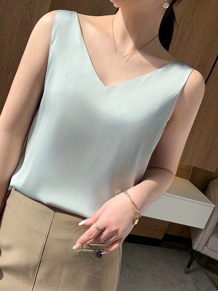 Velvet Boat Women?s Sleeveless V-Neck Tank Top - Soft Satin Finish, Loose Fit for Summer Layering, Lightweight & Breathable Polyester Blend, Elegant Solid Color Design, Breathable Clothing | Sleeveless Fashion | Satin Finish Top