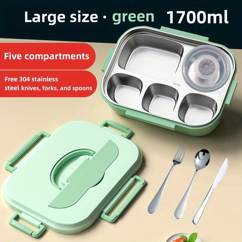 2 Grid Green Steel Lunch Box With Bowl & Spoon