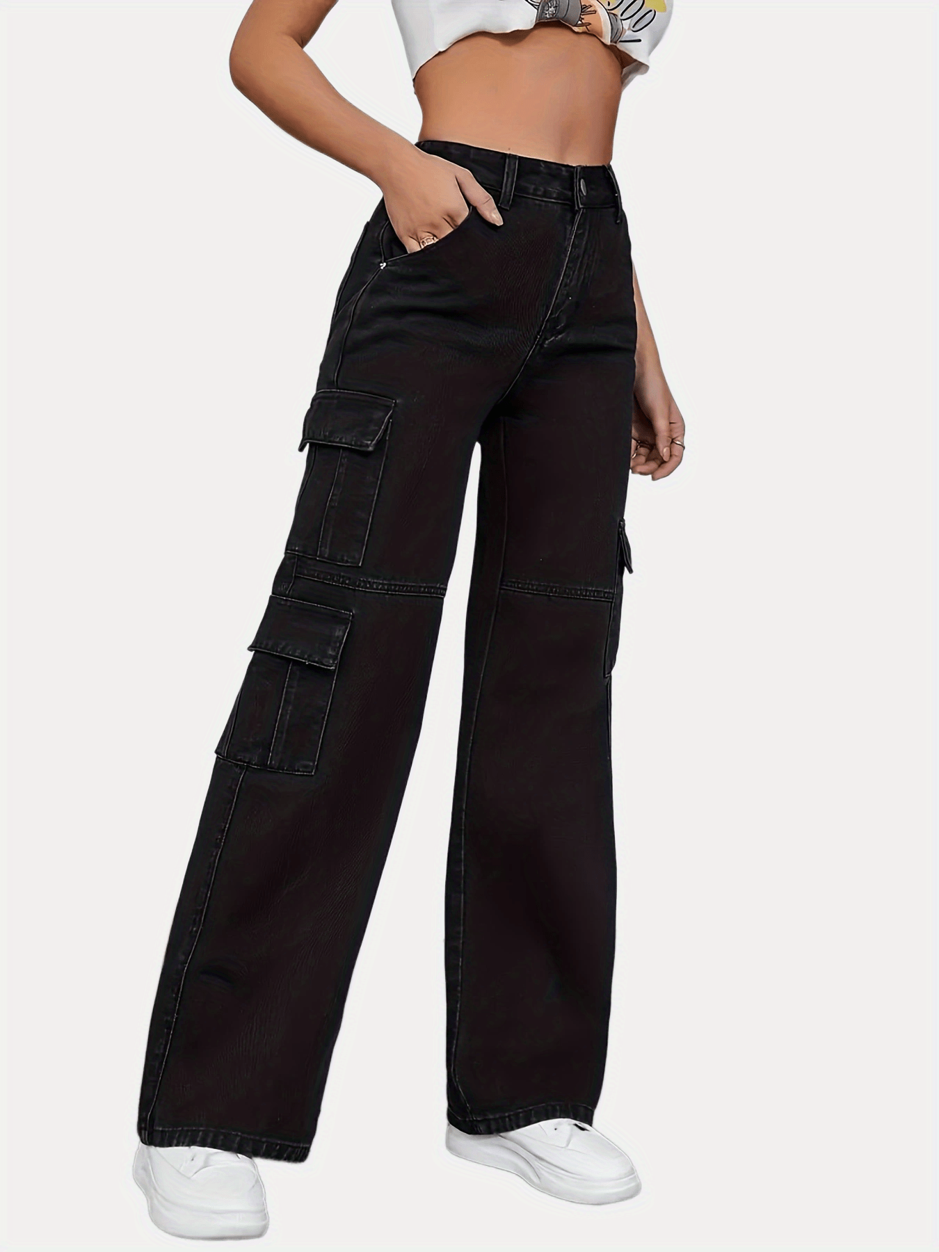 Black Baggy Wide Leg Cargo Pocket Jeans