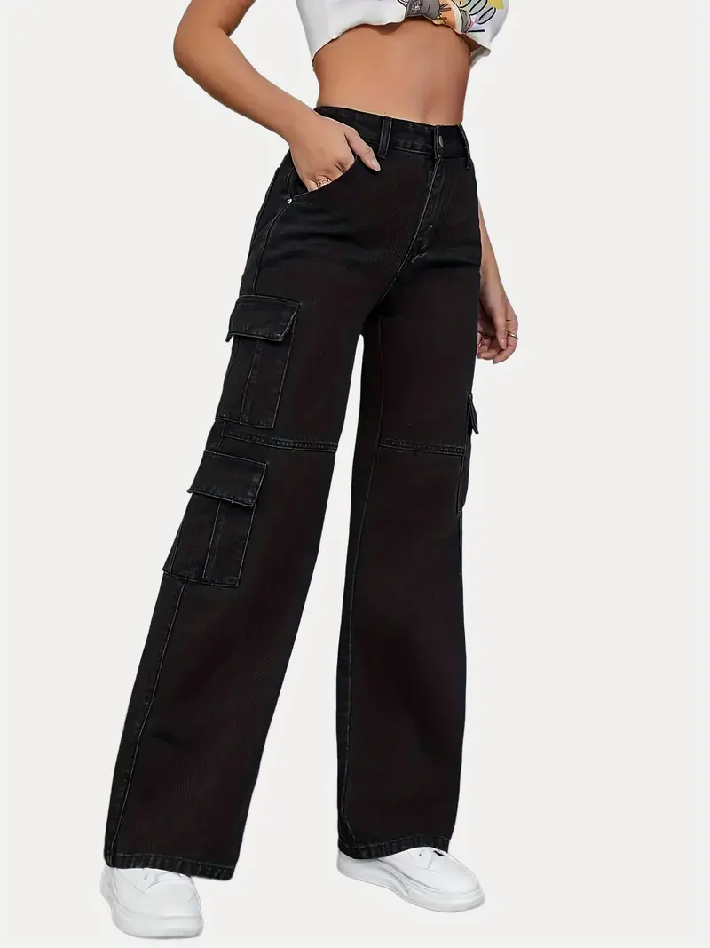 Flap Side Pocket Black High Waist Denim Pants Cargo Pocket - Temu Canada
