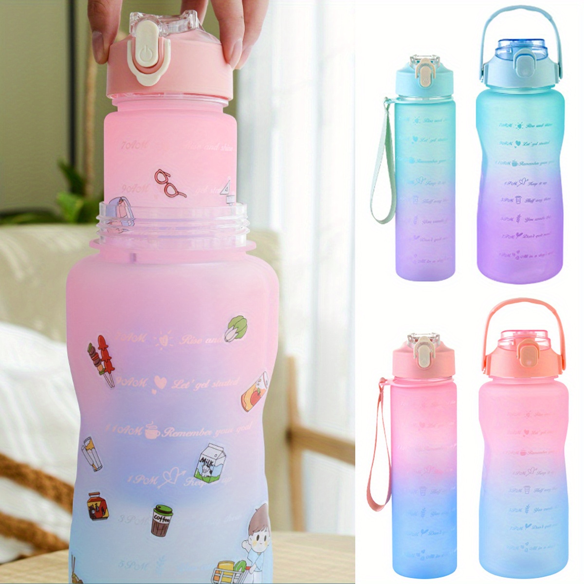 Tzgsonp 3 Pack Water Bottles Set with 2L Large Bottle 900ML Portable Bottle  and 500ML Mini Bottle with Time Marker Leak-Proof Gradient Water Jug 