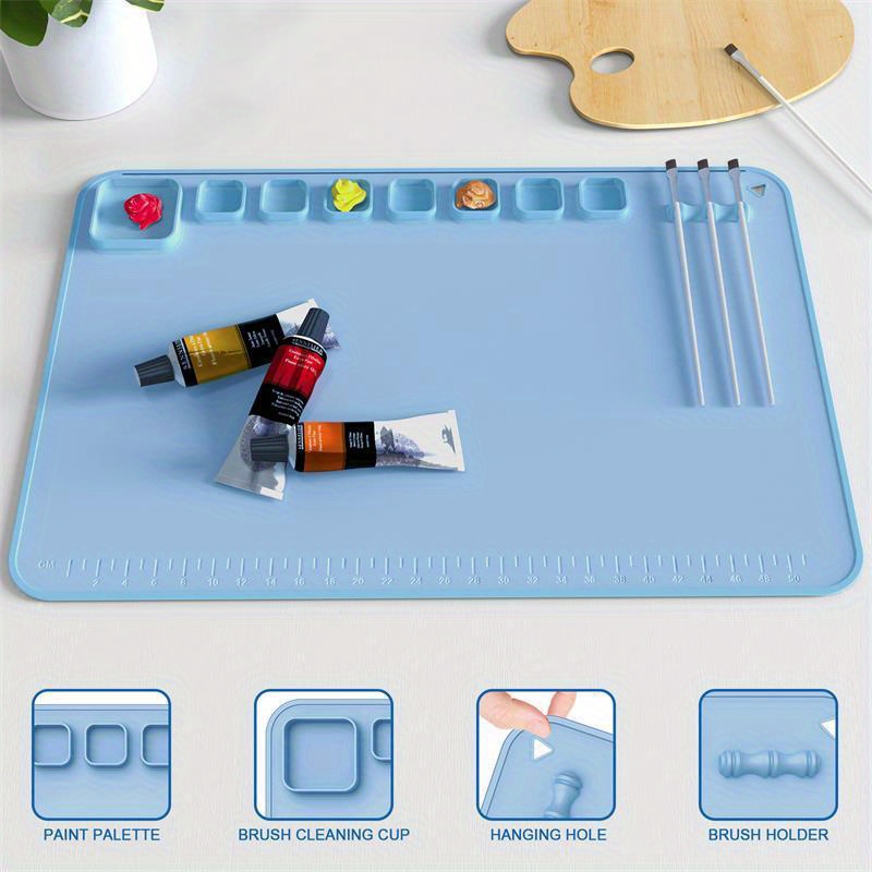 Silicone Craft Mat, Silicone Painting Mat, 20x16 Silicone Artist Mat with Cup, Silicone Art Mat with Paint Water Cup, Artist Mat (Blue)