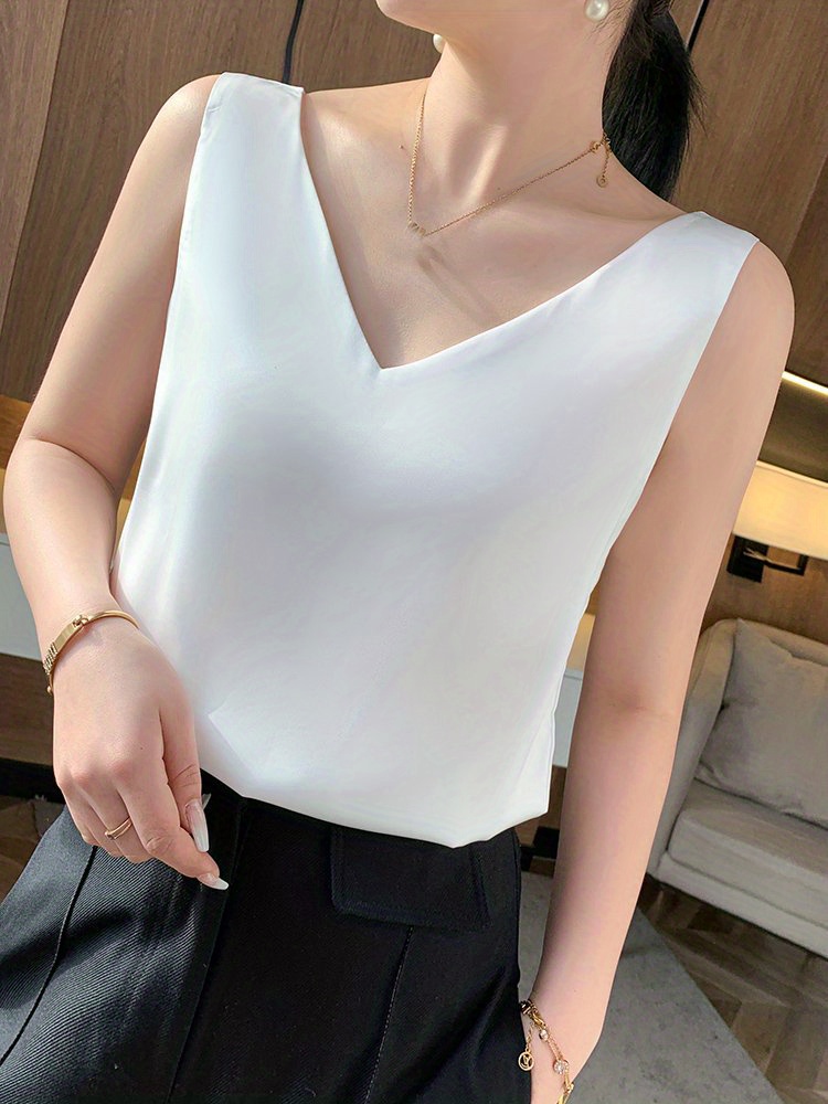 Velvet Boat Women?s Sleeveless V-Neck Tank Top - Soft Satin Finish, Loose Fit for Summer Layering, Lightweight & Breathable Polyester Blend, Elegant Solid Color Design, Breathable Clothing | Sleeveless Fashion | Satin Finish Top