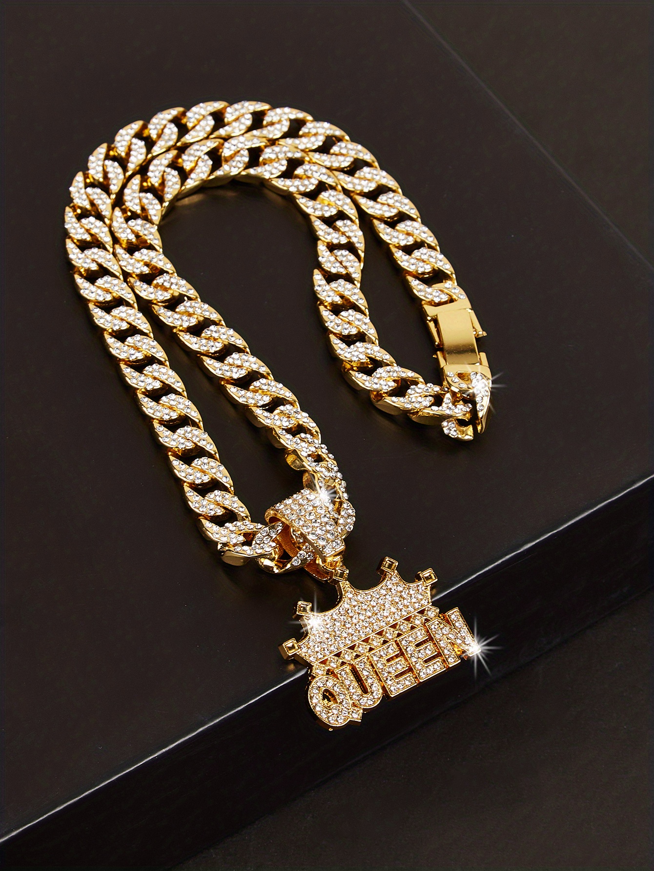 hip hop style cuban link chain crown queen pendant necklace rhinestones neck jewelry for women details 6