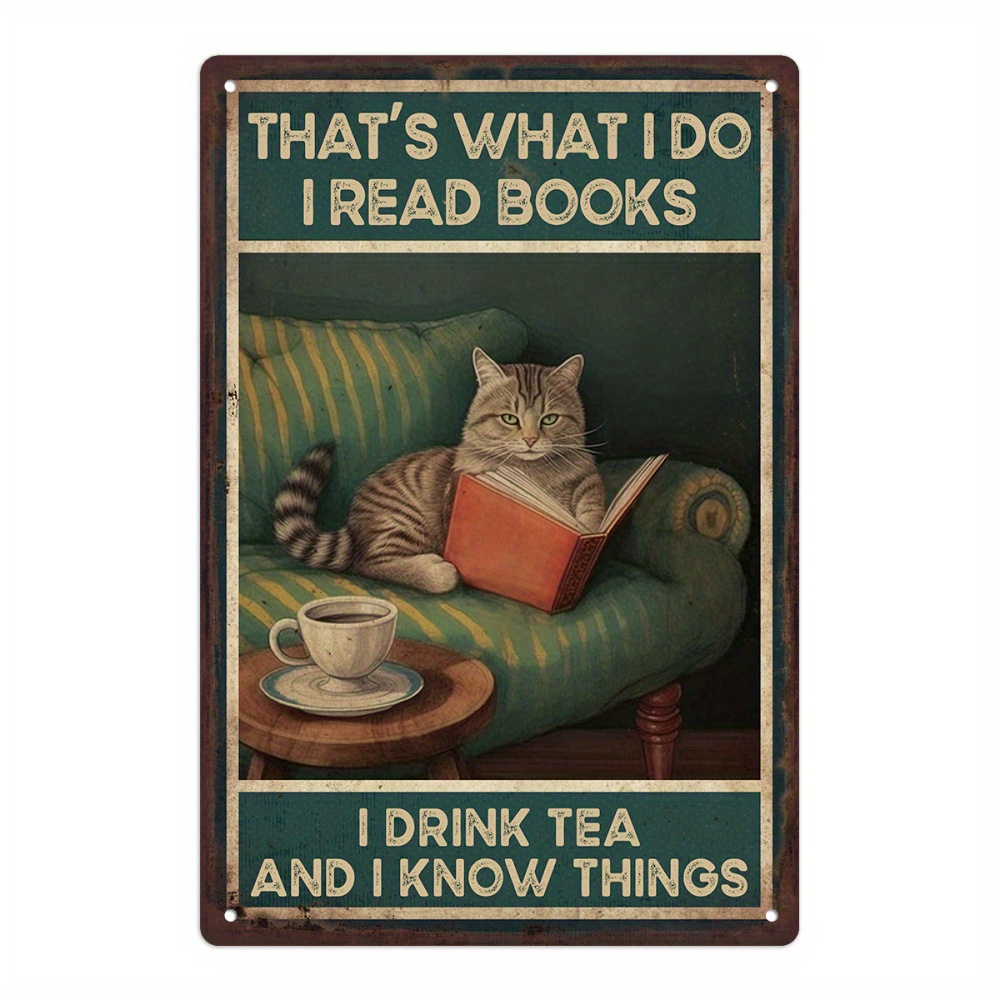 TEMU Putuo Decor, Single Cat Metal Sign, Vintage Book Reading Plaque For Room Bedroom Study Wall Decoration 7.8 X 11.8 Inches, Halloween Christmas