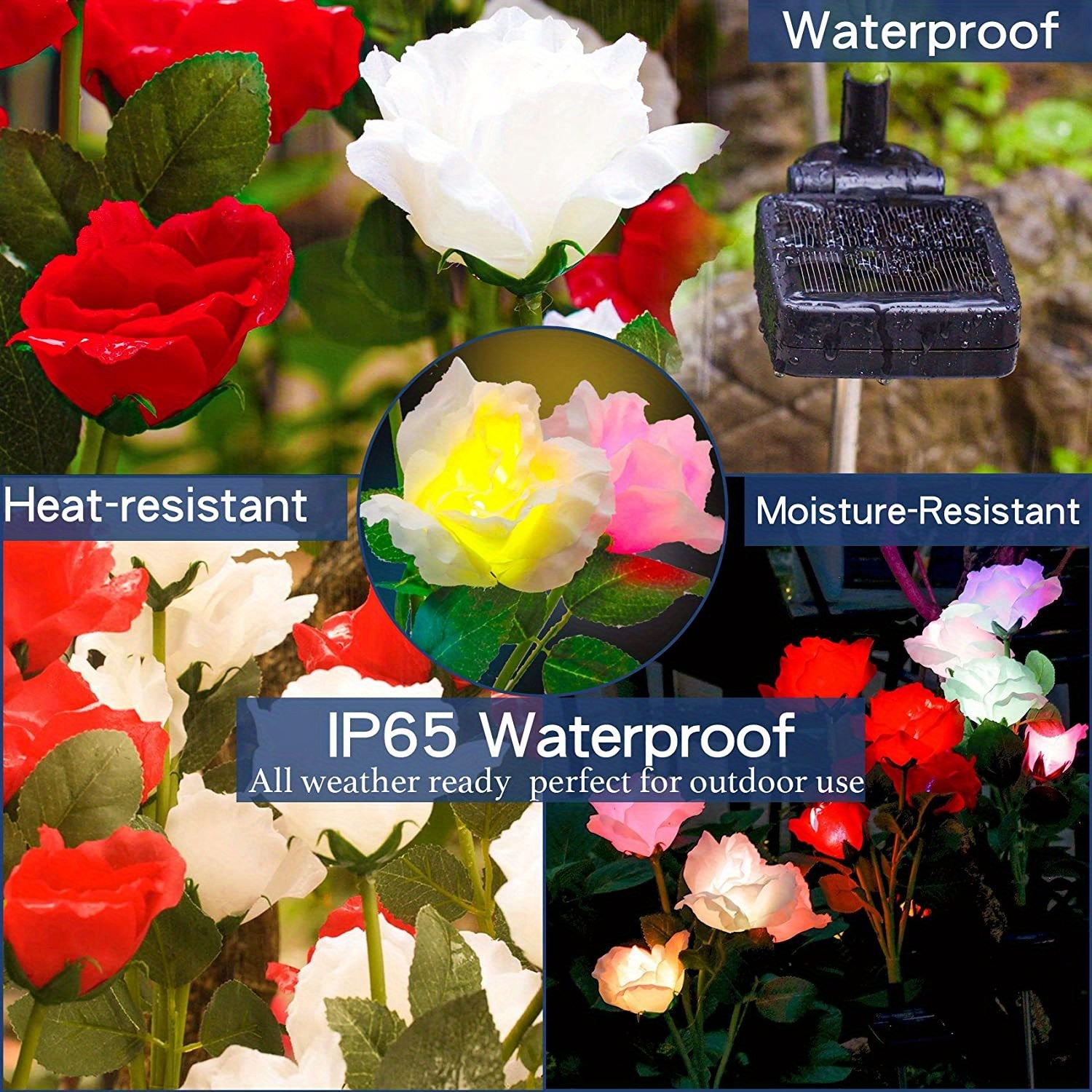 2pcs box solar garden lights with 4pcs simulation roses heads 7 color changing rose lights for yard garden decoration enlarged solar panel details 7