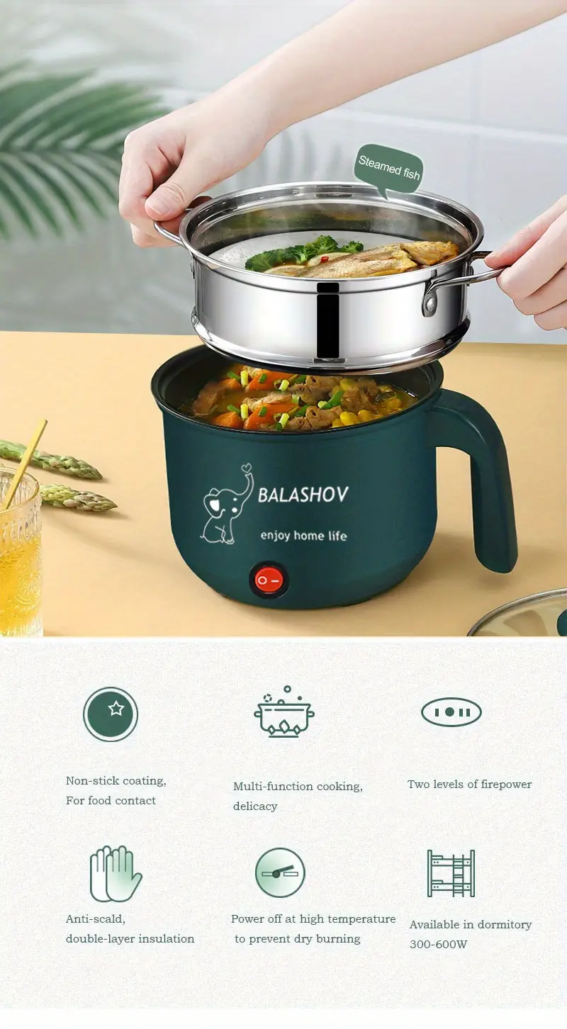 electric hot pot 1 8l non stick ramen cooker with steamer portable mini travel cooker multifunctional non stick electric skillet for stir fry stew steam perfect for ramen noodles pasta egg soup oatmeal details 5
