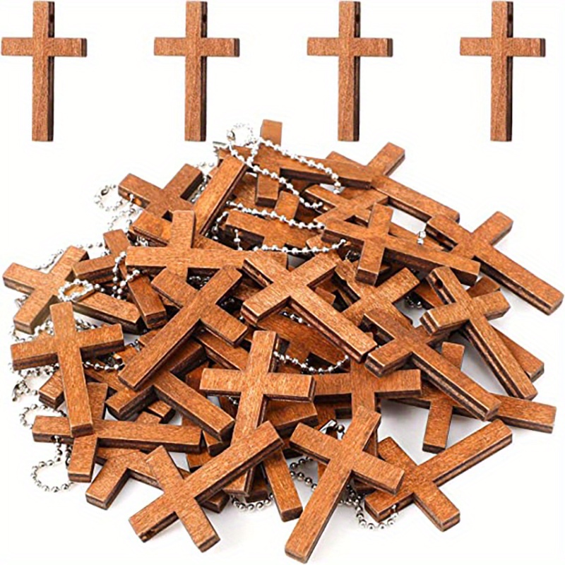 LGFMGWH 60Pack Small Wooden Crosses in Bulk, Wooden Crosses for Crafts,  Cross Charms with 60 Chains, Wooden Cross Pendants for Necklace Bracelet