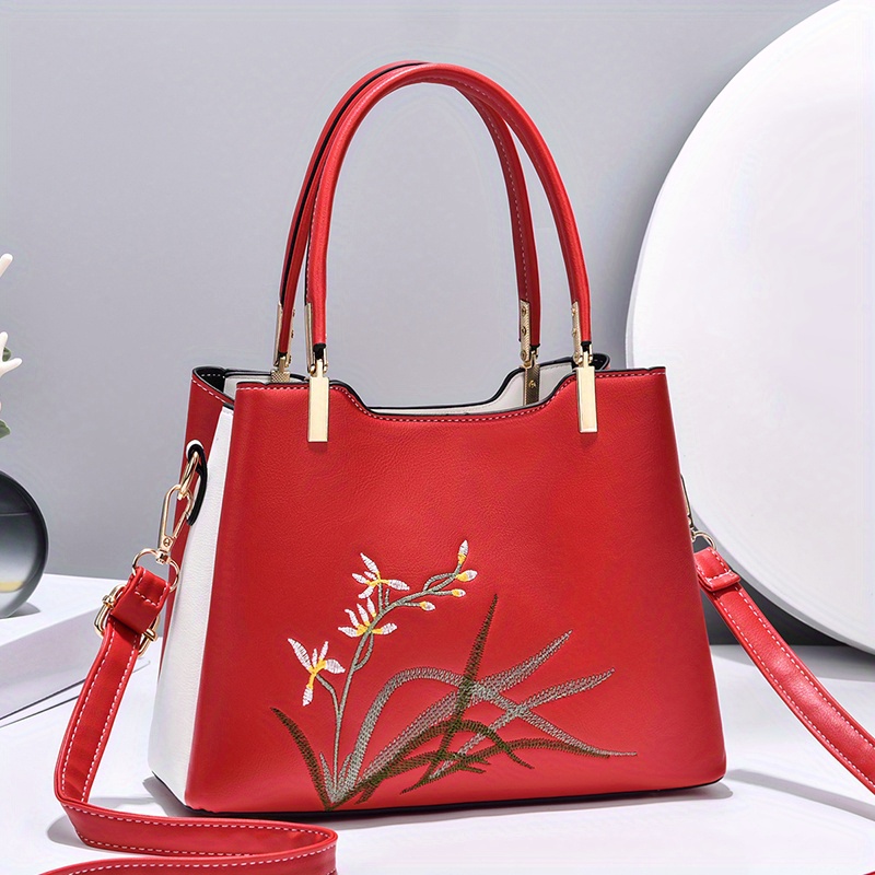 Stylish Floral Embroidered Handbag Trendy Zipper Canvas Bag - Temu