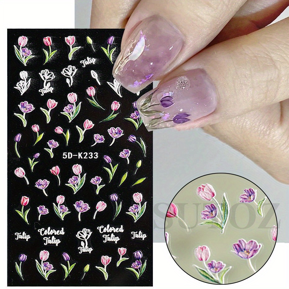 Retro Style Nail Decals Floral Tulip Totem Nail Sticker 5d - Temu ...