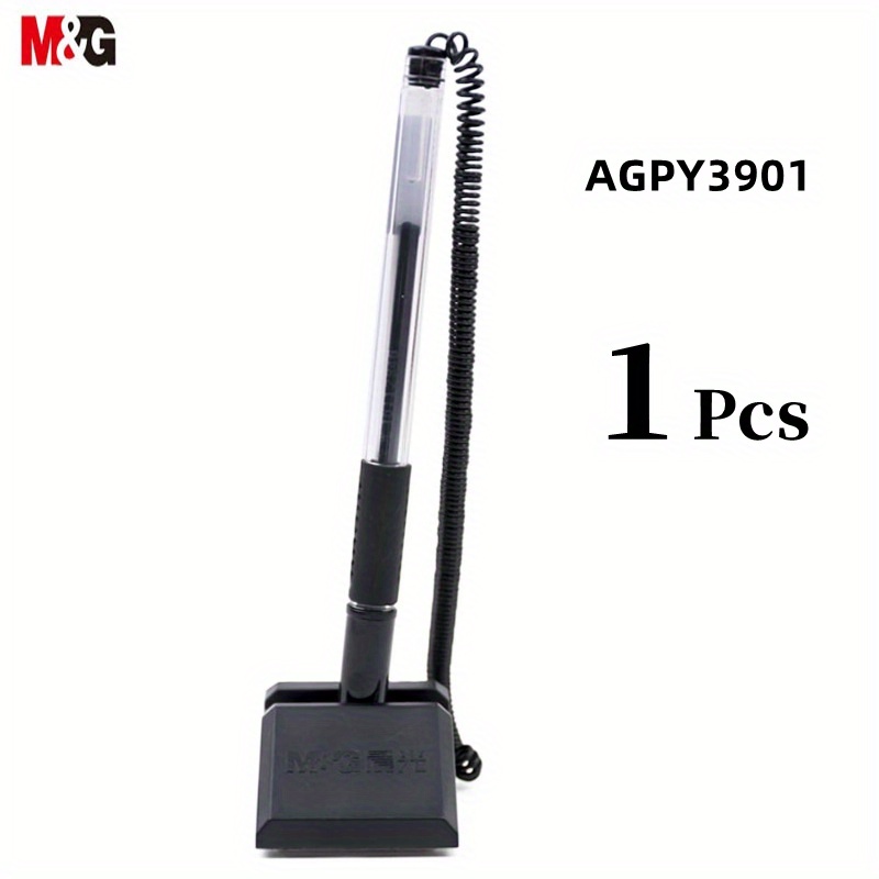 Image of M&g Ergonomic 0.5mm Fine Point Black Gel Pen With Stick-on Desk Stand & Coiled Lanyard - Sleek, Anti-loss Design For Office & Use, Office Desk Accessories